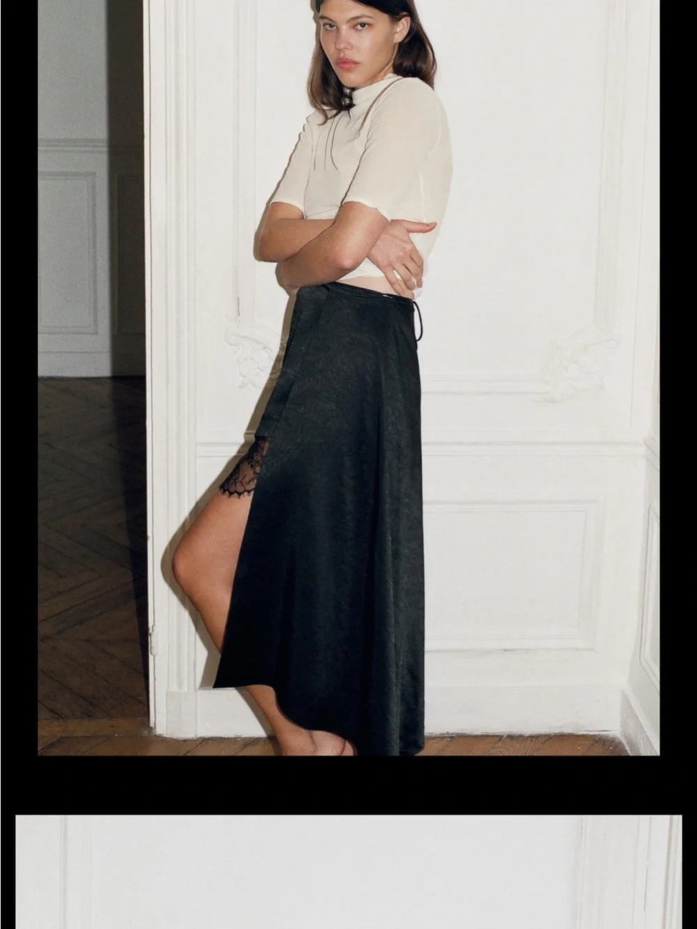 Zara Black High-Low Midi Skirt with Lace Insert
